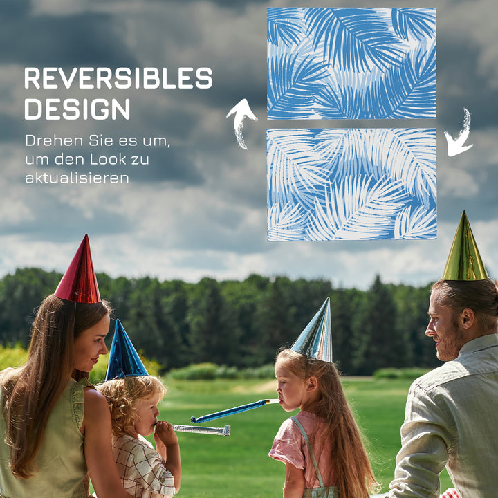 Udendørs vendbart tæppe, vandtæt, bladmønster, 182x274cm, blå/creme