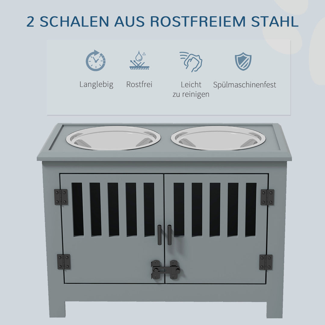 Forhøjet foderstation til store hunde, 2 rustfri stålskåle, opbevaringsplads, 35,5 x 60 x 30 cm, grå