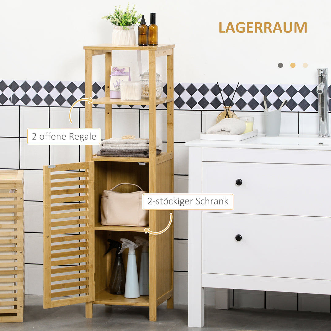 Badeværelseshylde, skabsrum med lameldør, justerbare hylder, bambus, 33 x 30 x 120 cm