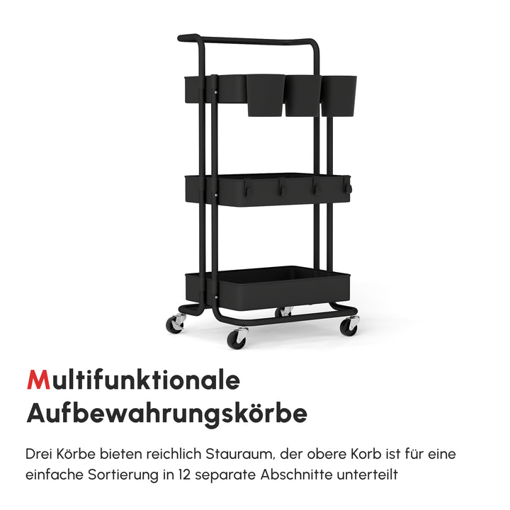 3-Lags rullevogn med opbevaringskurve og kroge til køkken eller stue, stål, plastik, sort
