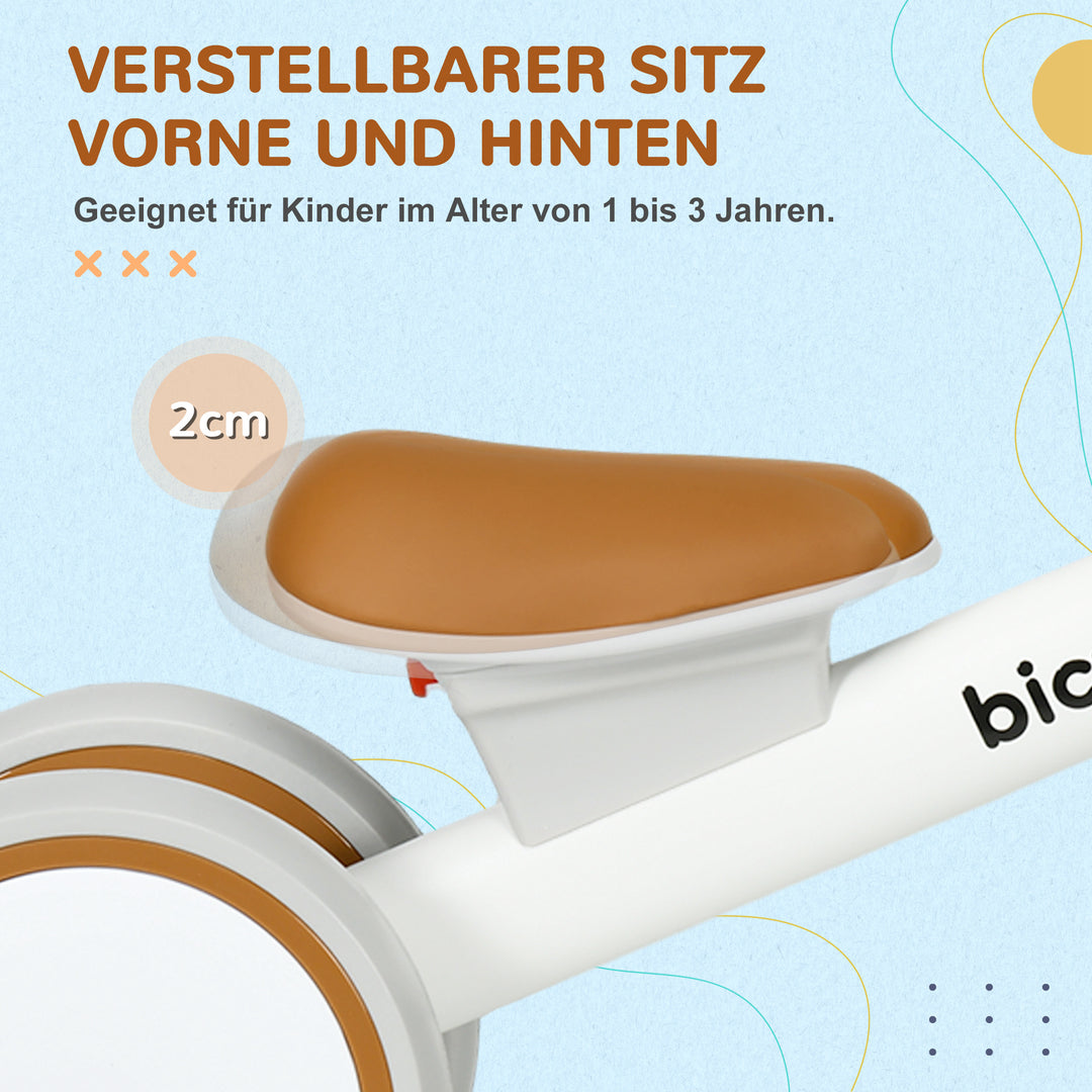 Løbecykel, justerbart sæde, med hjul, til 1-3 år, op til 20 kg, brun/hvid