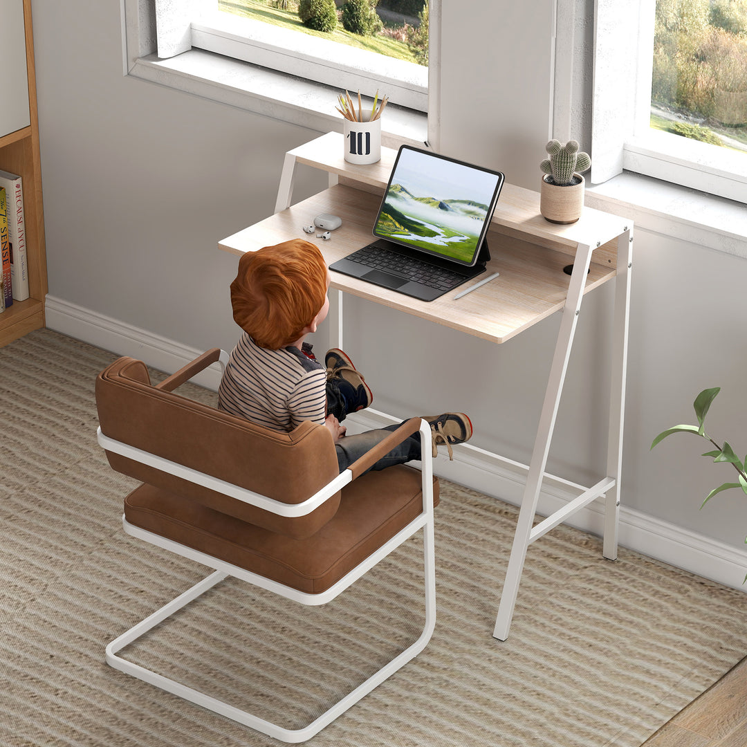 Skrivebord, computerbord med opbevaring og kabelhåndtering, moderne skrivebord med metalramme til studie, soveværelse, hjemmekontor, 84 x 45 x 85 cm, hvid + eg