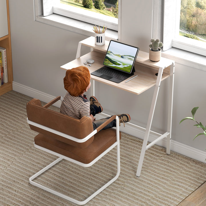 Skrivebord, computerbord med opbevaring og kabelhåndtering, moderne skrivebord med metalramme til studie, soveværelse, hjemmekontor, 84 x 45 x 85 cm, hvid + eg