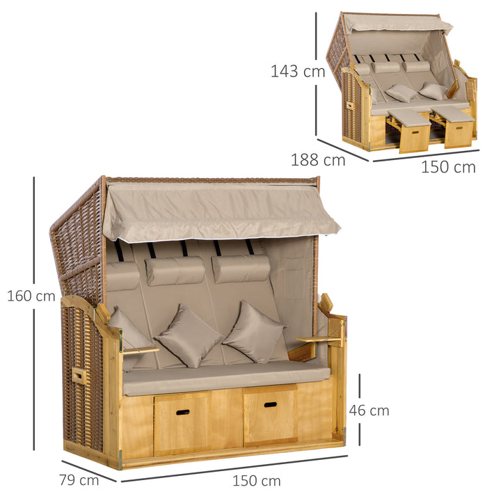 Strandstol/solseng med baldakin, 2 klapborde, fodstøtte, chaiselong, justerbar ryglæn med 5 positioner, XXL polyrattan, naturlig finish, 150 x 79 x 160 cm