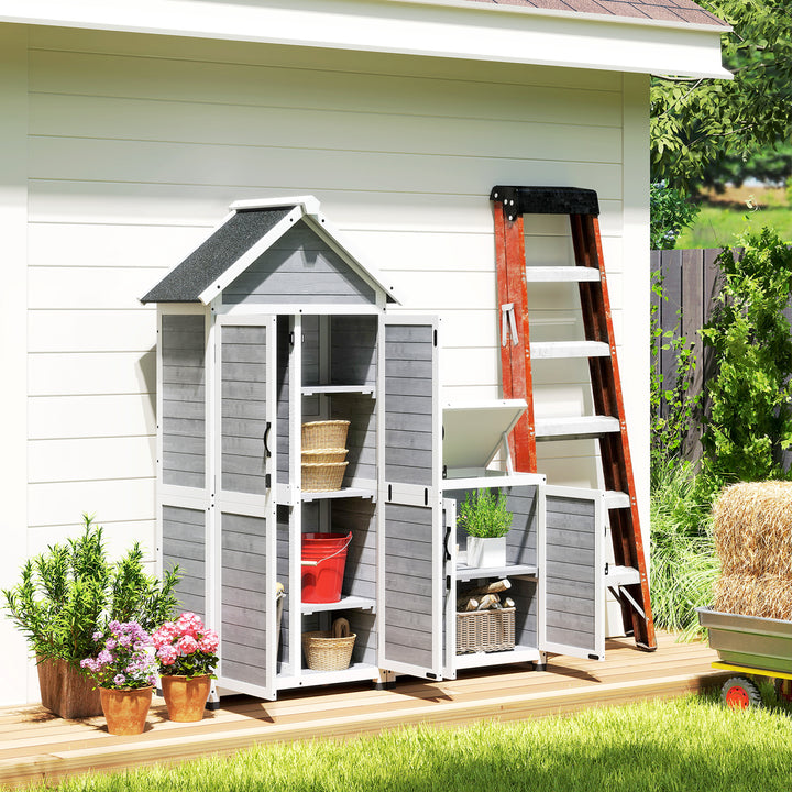 Haveskur med opbevaringsskab, justerbare hylder, aflåselige døre, vandtæt, grantræ, lysegrå