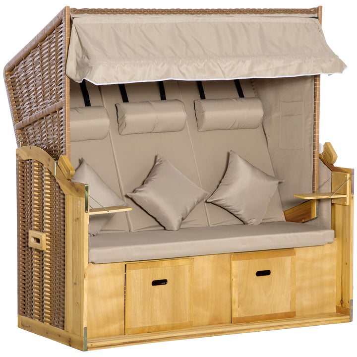Strandstol/solseng med baldakin, 2 klapborde, fodstøtte, chaiselong, justerbar ryglæn med 5 positioner, XXL polyrattan, naturlig finish, 150 x 79 x 160 cm