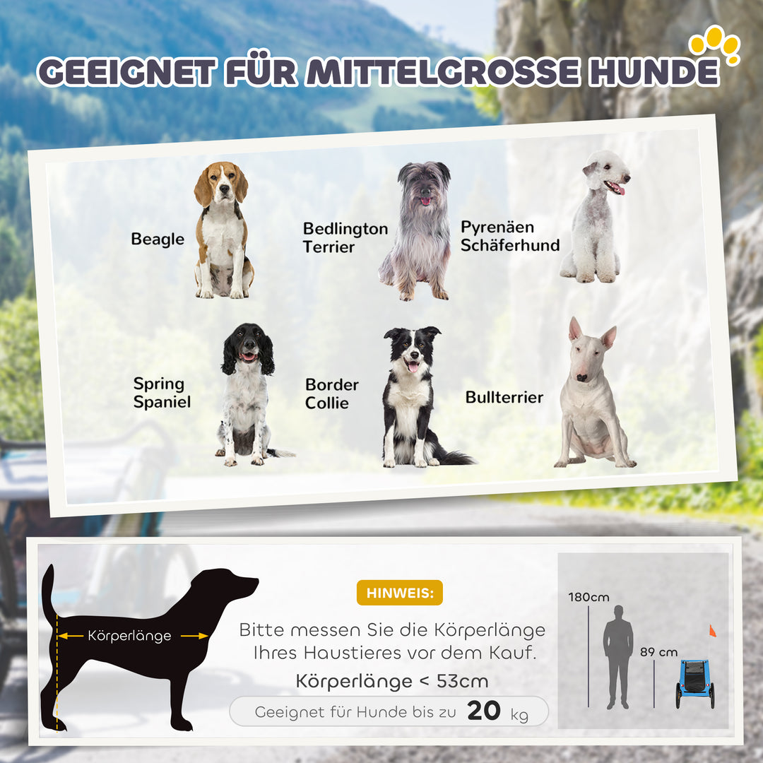 Sammenklappelig hundetrailer med reflekser, netvindue, hjul, dør, sikkerhedsflag til hunde op til 20 kg, 138x70x89 cm, blå