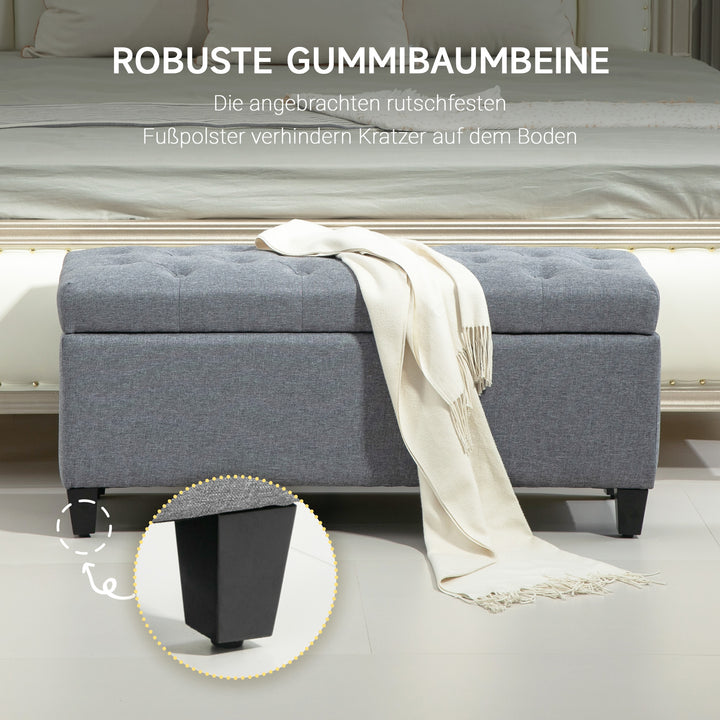 Bænk, polstret bænk med opbevaring, hørlignende polyester, gummitræ, 100 x 40 x 44 cm, lysegrå