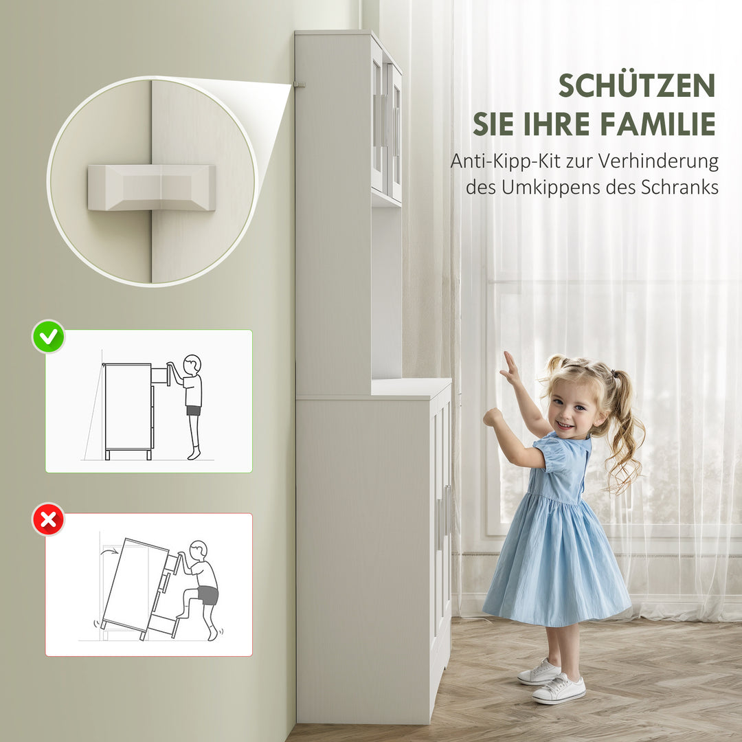 Køkkenskab, skandinavisk design, 4 skabe, justerbare hylder, glaslåger, åben plads, spånplade, mdf, hvid