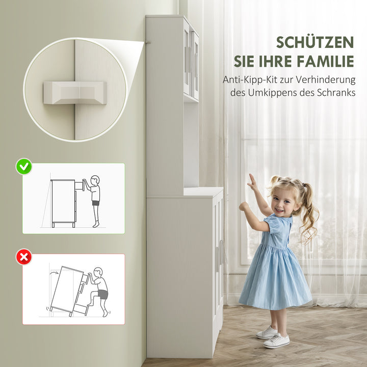 Køkkenskab, skandinavisk design, 4 skabe, justerbare hylder, glaslåger, åben plads, spånplade, mdf, hvid