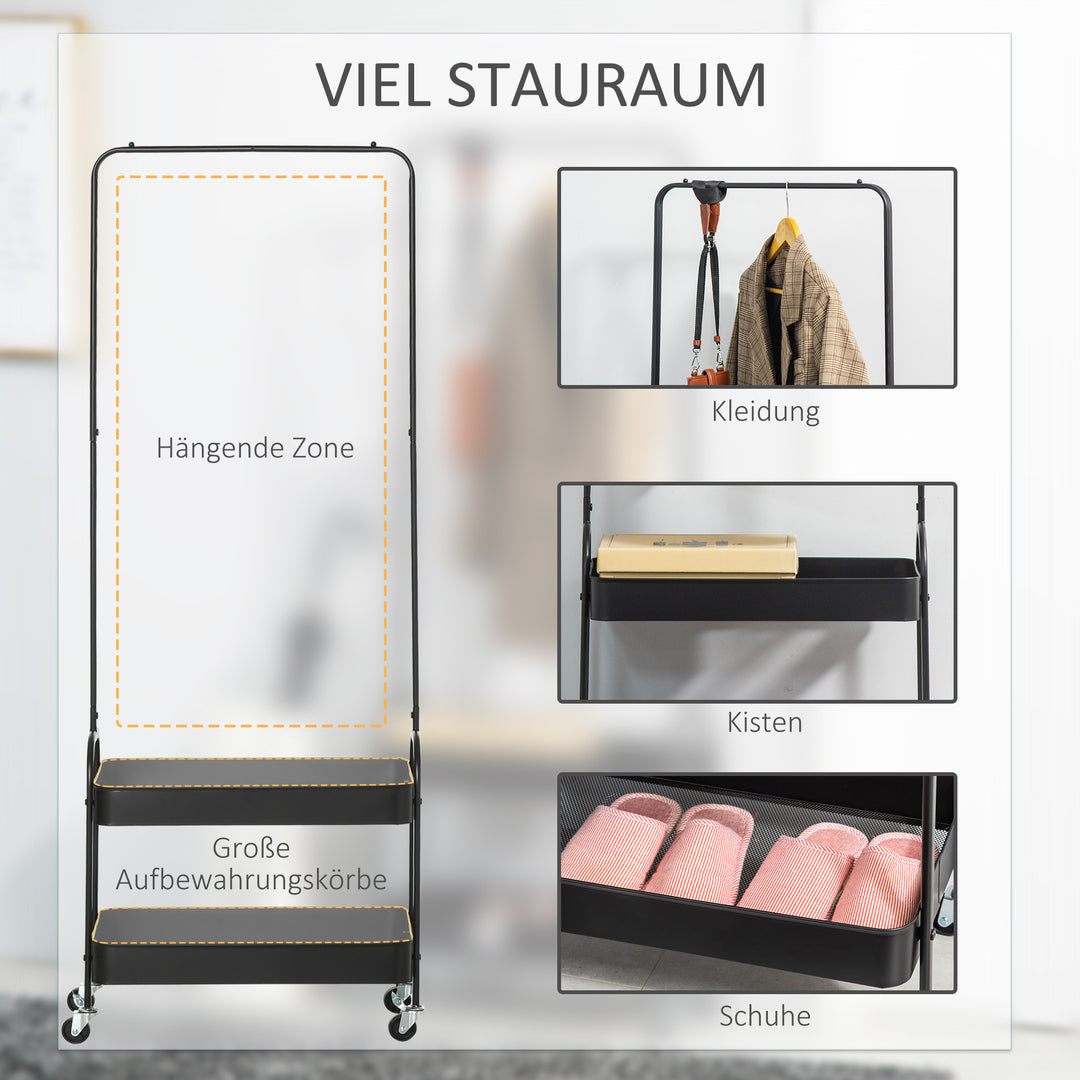 Metal tøjstativ med skohylde, mobil, fritstående, sort