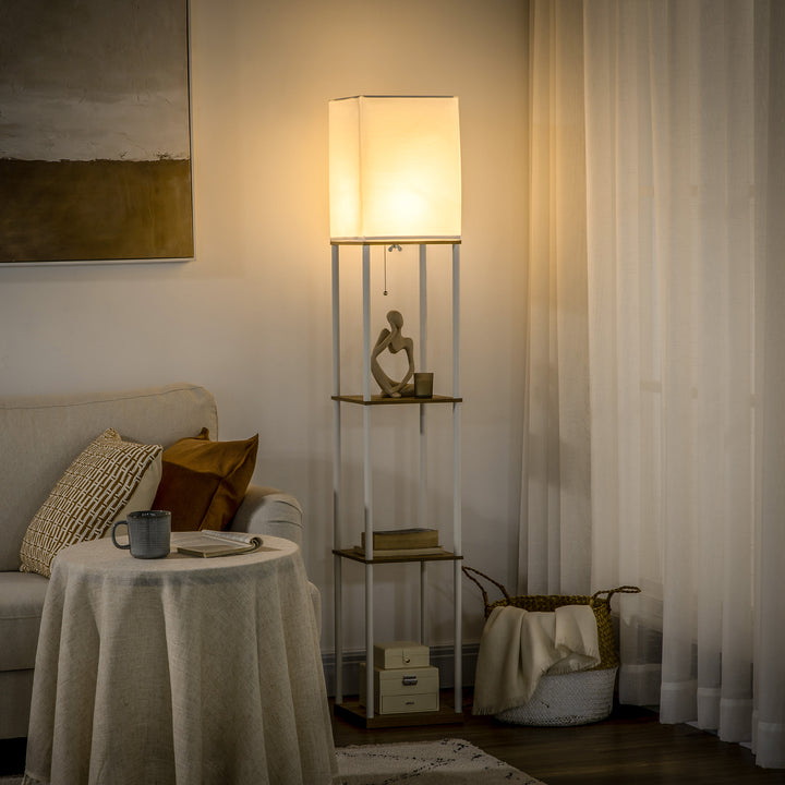 Gulvlampe, loftprojektør, med hylder, metalramme, stofskærm, 26x26x159cm, hvid/brun