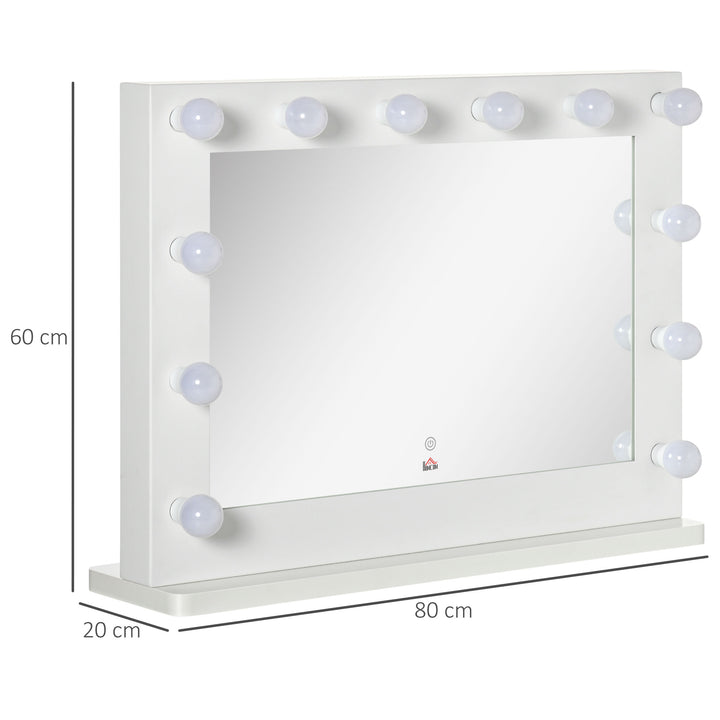 Hollywood-spejl med belysning, touch-betjening, hukommelsesfunktion, 12 dæmpbare LED-lamper, hvid, 80 x 60 cm
