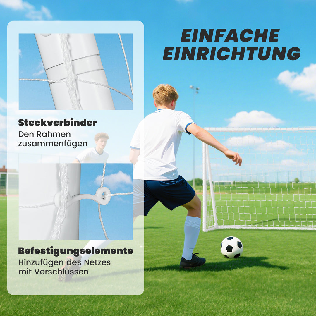 Fodboldmål, robust net, plastikramme, pløkker, 240L x 90B x 180H cm, hvid