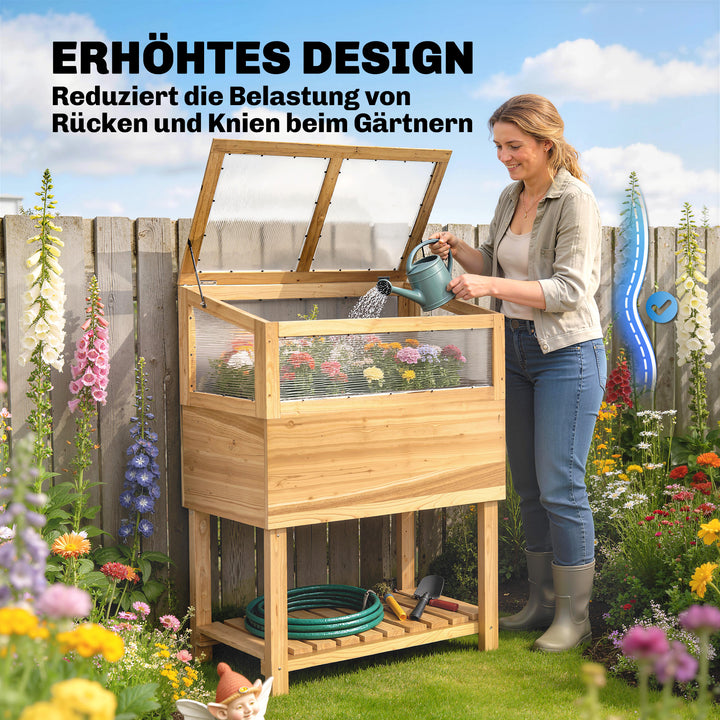 Højbed med træramme, hævet plantekasse med hængslet låg, hylde, fiberdug, ergonomisk design