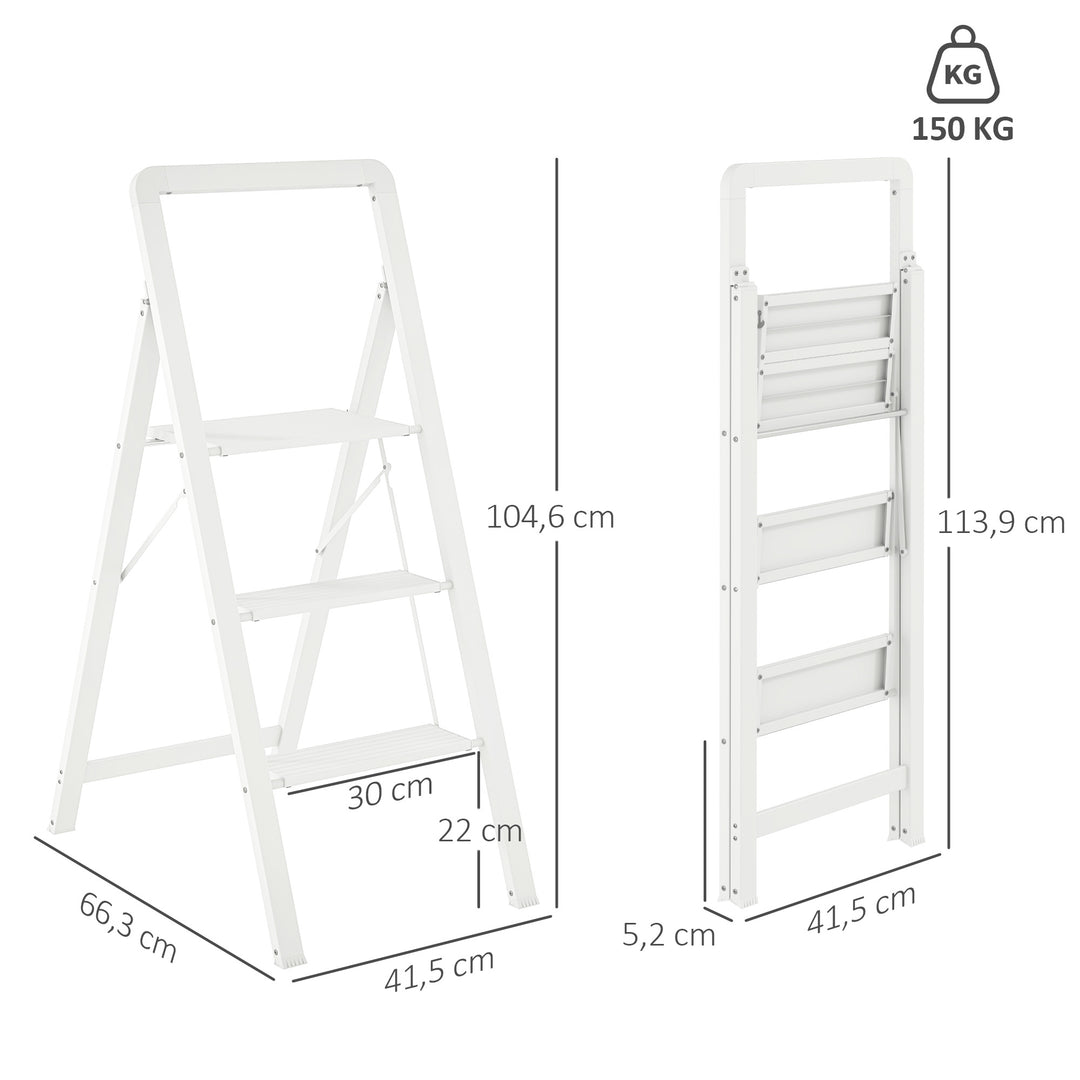 3-Trins trappestige, aluminium foldbar, skridsikker platform, hvid