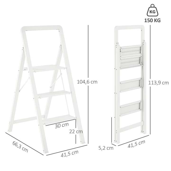 3-Trins trappestige, aluminium foldbar, skridsikker platform, hvid