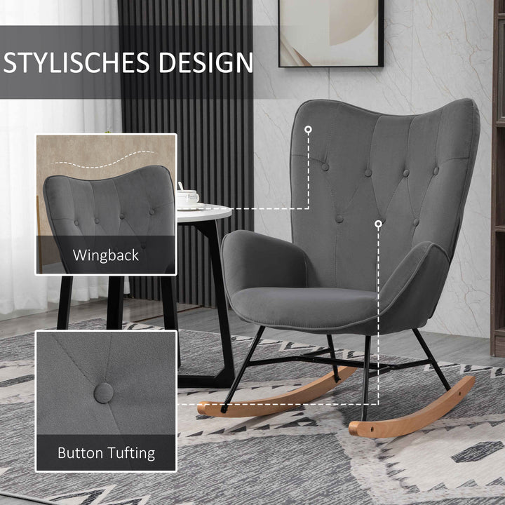 Gyngestol med quiltning, træløbere, fløjlslook, op til 150 kg, mørkegrå