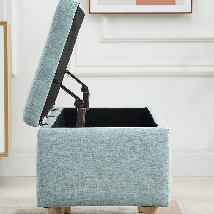 Bænk med opbevaringsplads, polstret bænk med linnedlook, kommode med træben, kommodebænk til stue, soveværelse, entre 110 x 39 x 45 cm, lysegrøn