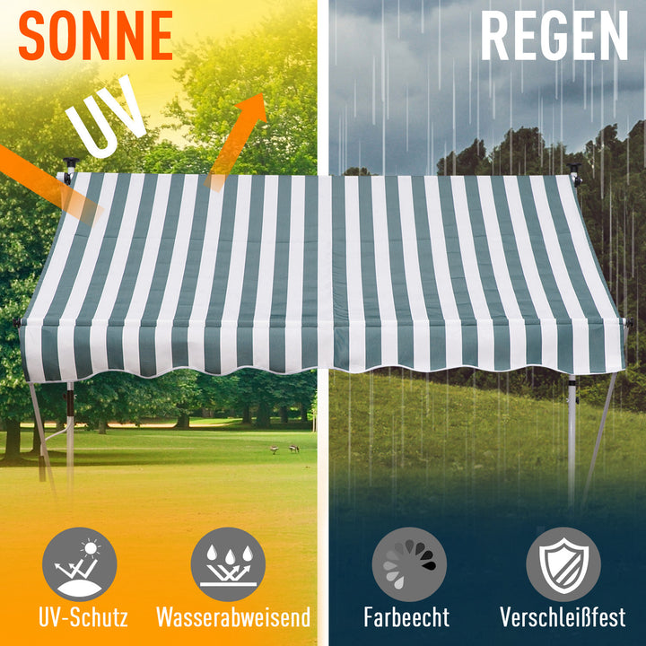 Klemmemarkise med håndsving, højdejusterbar, leddelt armmarkise, smudsafvisende, vejrbestandig, balkonmarkise 150 cm bred, terrassemarkise til terrasse, balkon, veranda, grøn