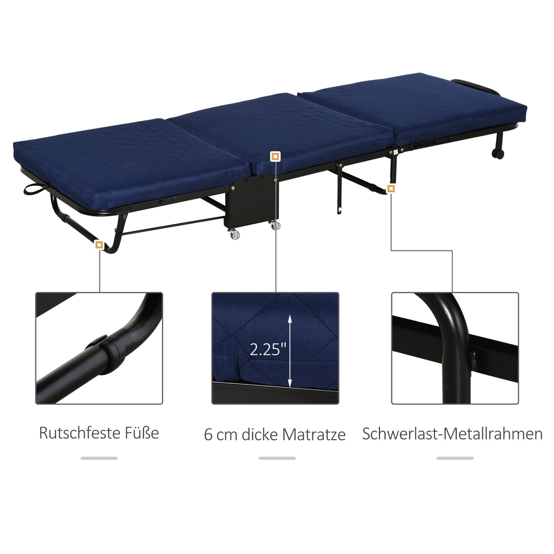 Klapseng 65x184 cm, voksen gæsteseng, foldbar med 6 cm tykt skum, rejseseng med metalramme, feltseng med hjul og højdejusterbar hovedgærde, lasteevne op til 120 kg, blå