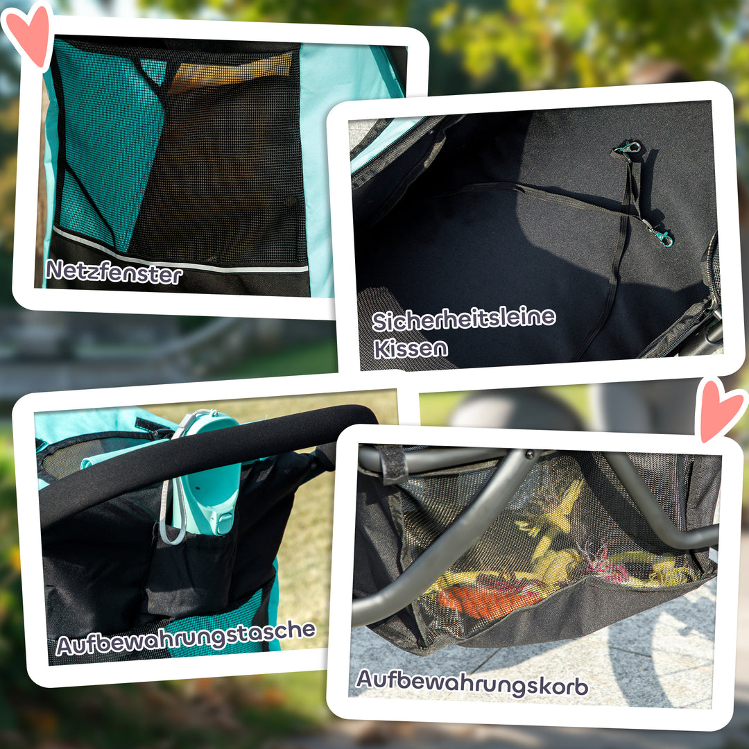 Hundevogn, kæledyrsvogn til små hunde og katte, med opbevaringskurv, sammenklappeligt design med et klik, turkis