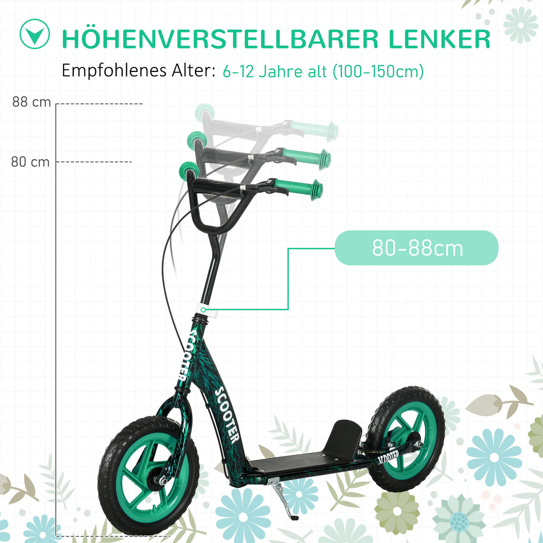 Børneløbehjul, højdejusterbart løbehjul til børn, med bremse, stativ, 2 hjul, stål, grøn