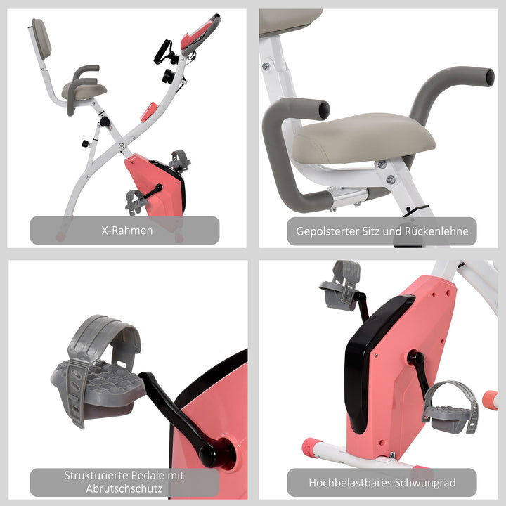 2-i-1 motionscykel med LCD-display, justerbar pulsmåler, sæde og hjul; foldbar motionscykel med 8 niveauer af magnetisk modstand, spændekabel og stålstel.