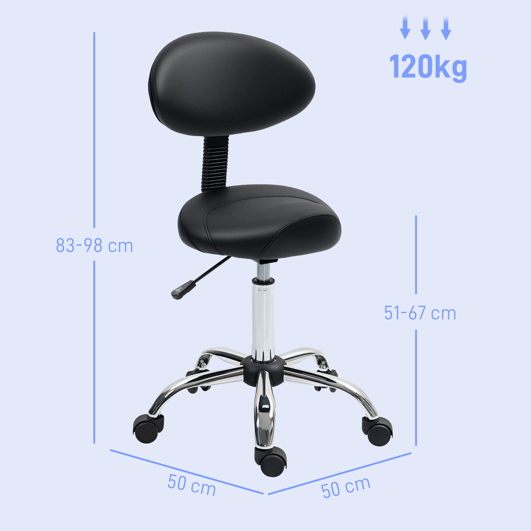 Højdejusterbar rulleskammel med ryglæn, drejeskammel 83-98 cm, 360° drejelig arbejdsskammel til kontor, salon