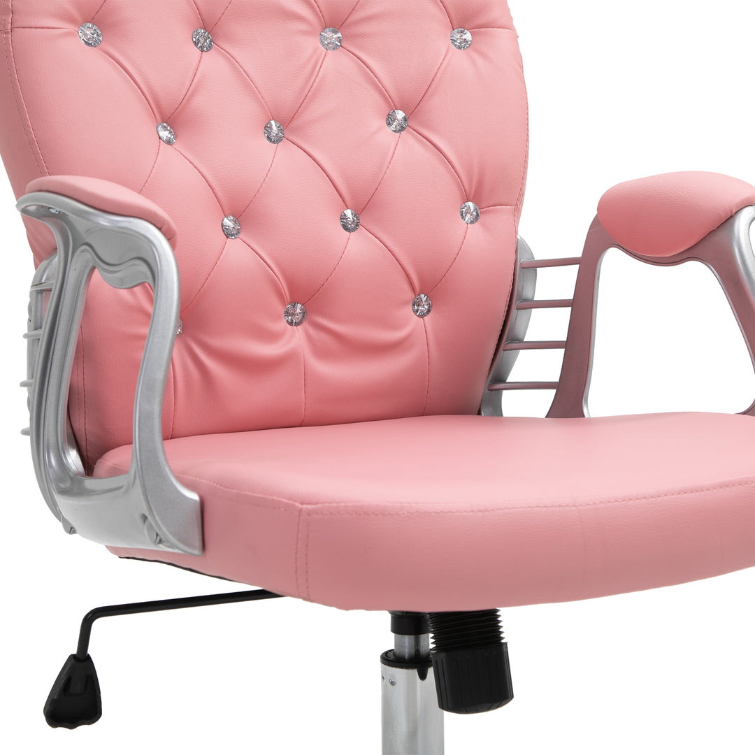 Kontorstol, ergonomisk skrivebordsstol med armlæn, polstret ryglæn, højdejusterbar computerstol med kunstlæderlook, drejestol til hjemmekontor, lyserød