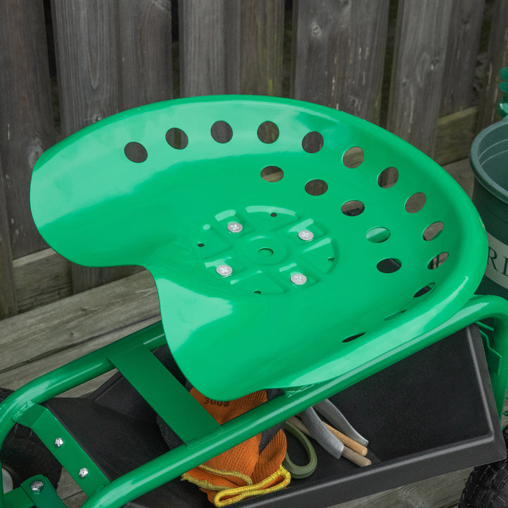 Havevogn med rullesæde (op til 150 kg) med opbevaringskurv til små haveredskaber, mobil værkstedsvogn, styrbart havesæde, sædehøjdejusterbar fra 46-59 cm, metal, gummi, grøn