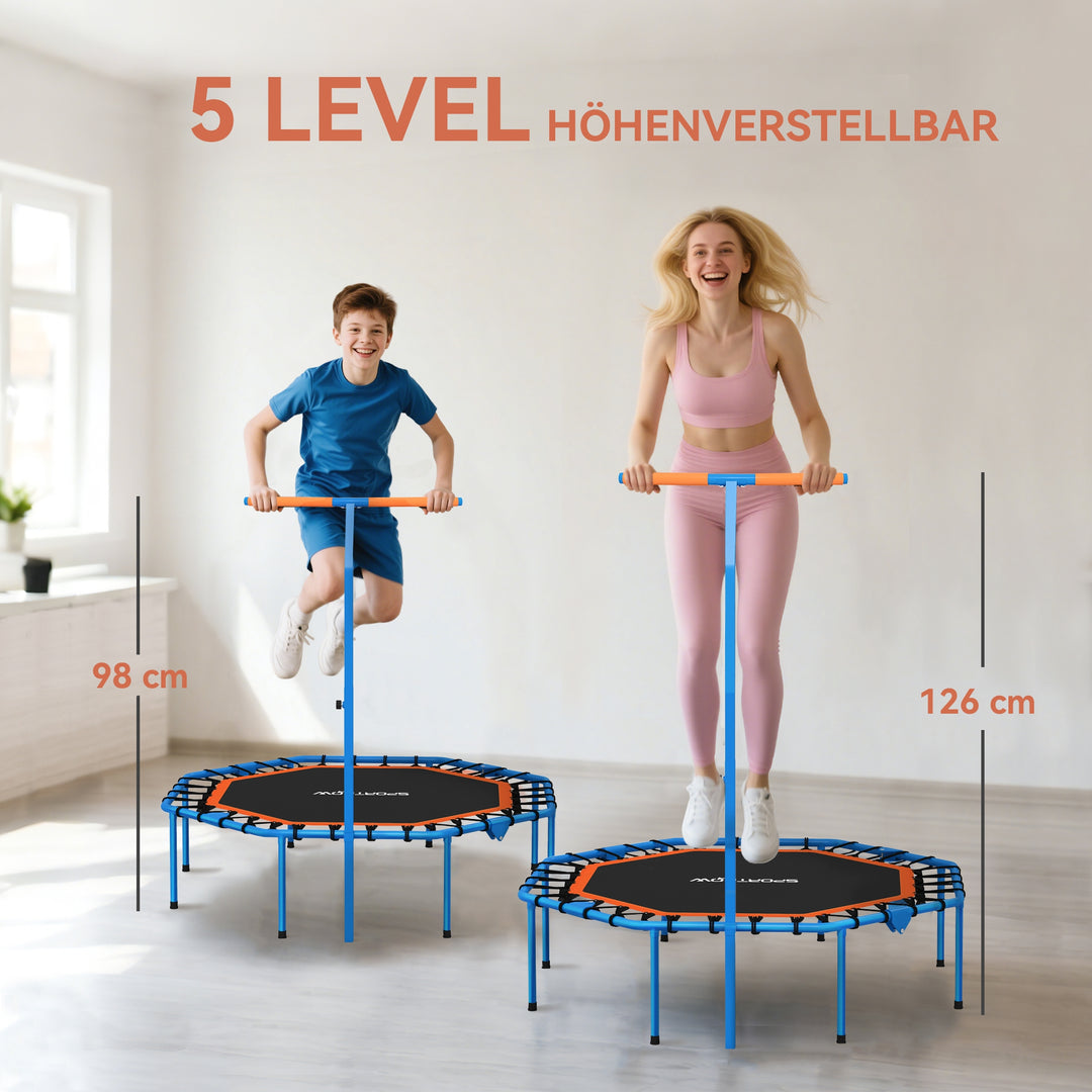 Fitnesstrampolin, træningstrampolin med justerbart håndtag, stabil og støjsvag, til indendørs brug, stål, blå