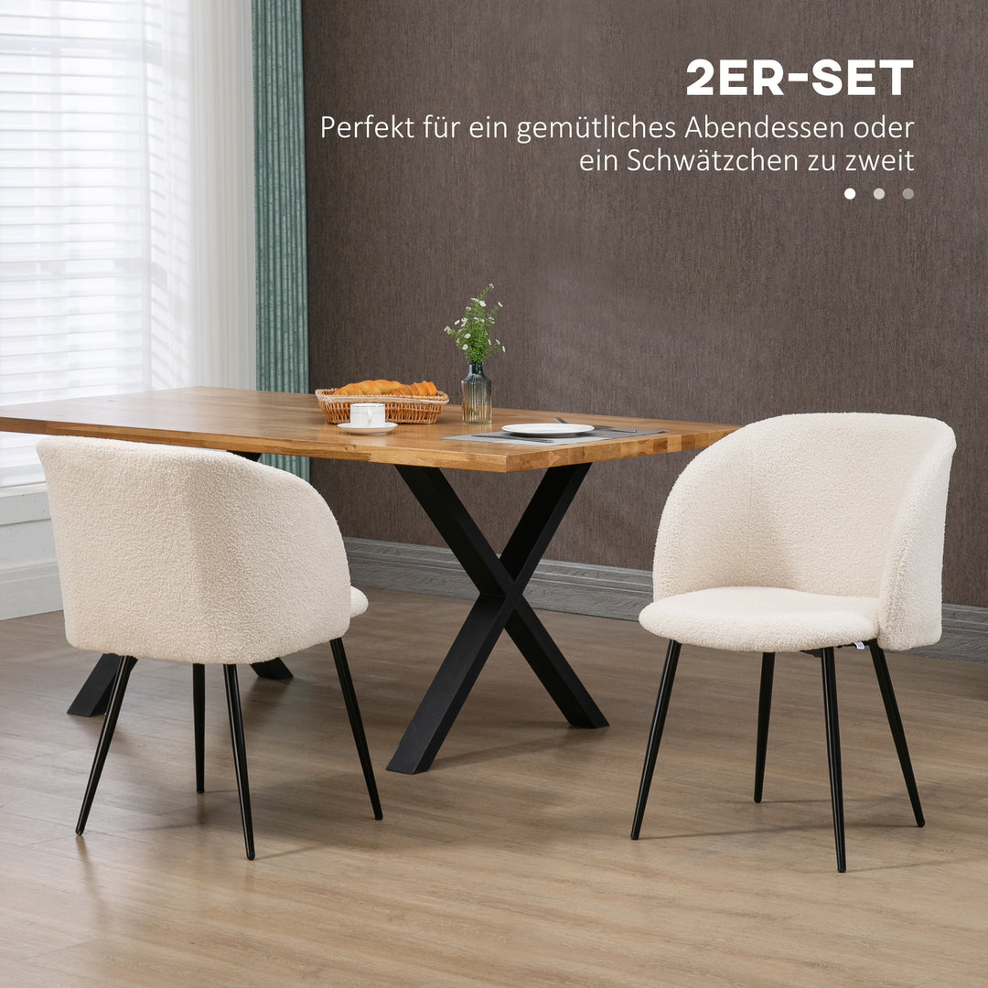 Sæt med 2 spisebordsstole, polstrede stofkøkkenstole med stålben, buet ryglæn, cremehvid