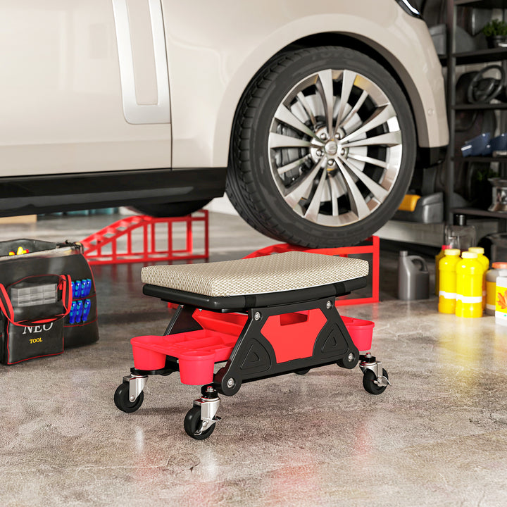 Værkstedsskammel med hjul, 35 cm høj rulleskammel, belastningskapacitet op til 135 kg, grå