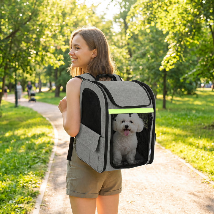 Udvideligt hundebur, transportkasse til hunde med 5 lommer og refleksstribe, til hunde op til 10 kg, 33,5x28x42cm, lysegrå
