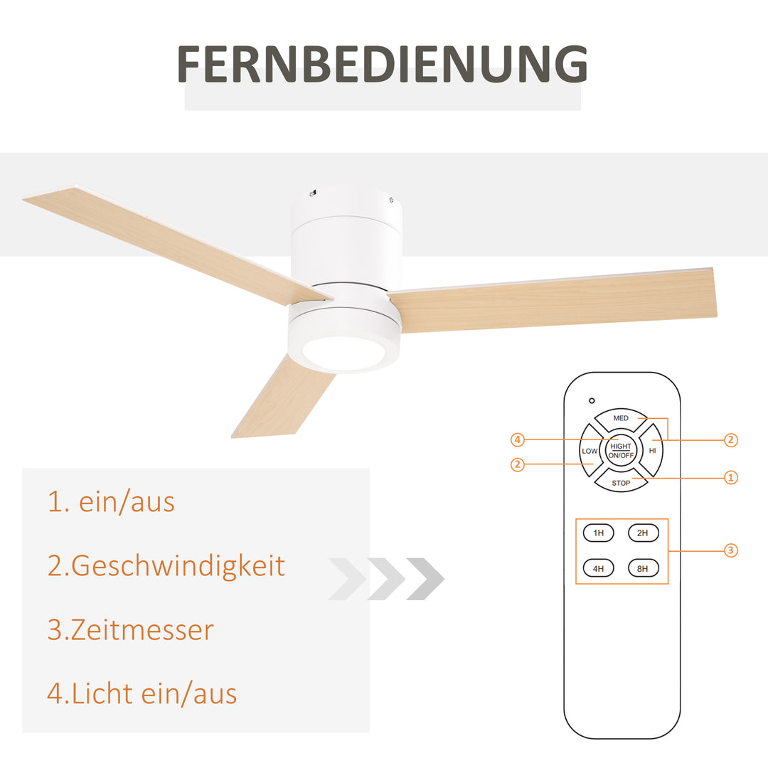 Loftventilator med LED-lys, 2-i-1-design, med timer, fjernbetjening, loftslampe med ventilator, hvid + naturtræ
