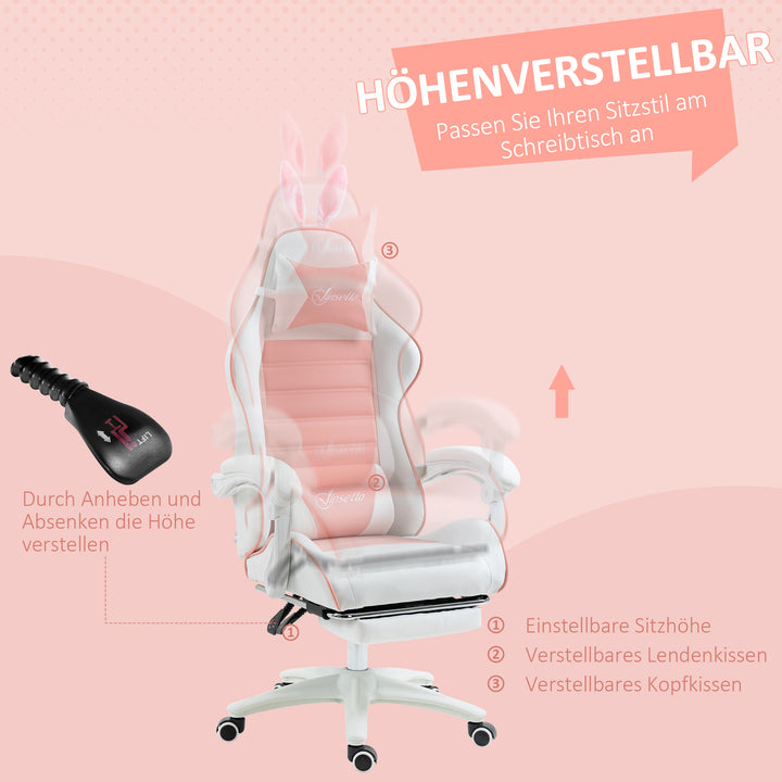 Gaming chair ergonomisk gamerstol med lændestøtte, fodstøtte, pude med kaninører, pink