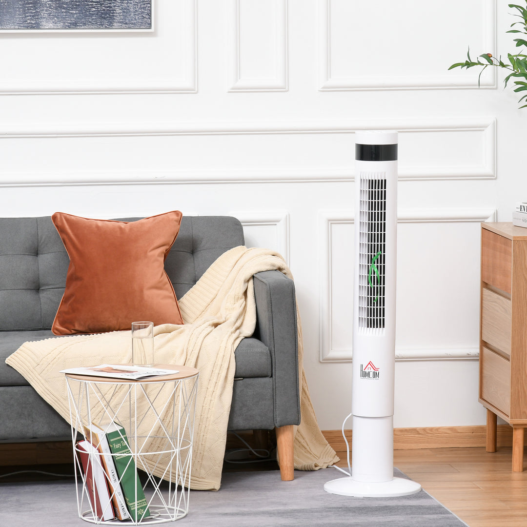 Tårnventilator, piedestalventilator med 3 hastighedsindstillinger, fjernbetjening, 50W ventilator med 12-timers timer, LCD-display, 85° oscillation, til soveværelser, hvid