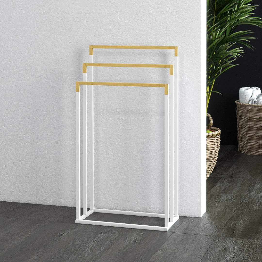 Håndklædeholdersæt med 3 håndklædestænger, industrielt design, bambus, 45 x 22,5 x 86 cm, hvid + naturfarvet