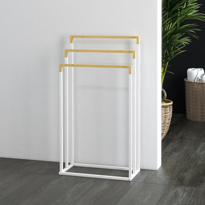 Håndklædeholdersæt med 3 håndklædestænger, industrielt design, bambus, 45 x 22,5 x 86 cm, hvid + naturfarvet