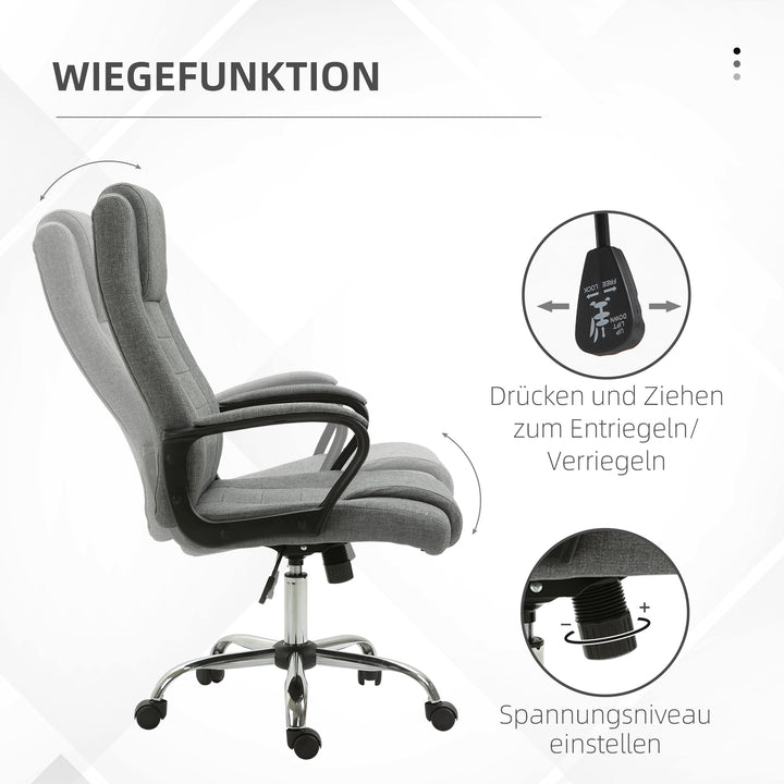 Kontorstol, computerstol med vippefunktion, nakkestøtte, ergonomisk skrivebordsstol, drejelig, højdejusterbar, grå linnedbetræk, 62 x 76 x 110-119 cm