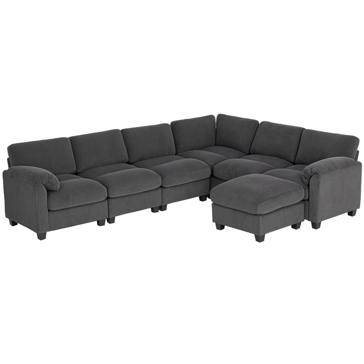 Hjørnesofa, U-formet sofa, sofa med fjederbetræk, polstrede armlæn, bevægelig puf, corduroy, 292x224x85 cm, mørkegrå