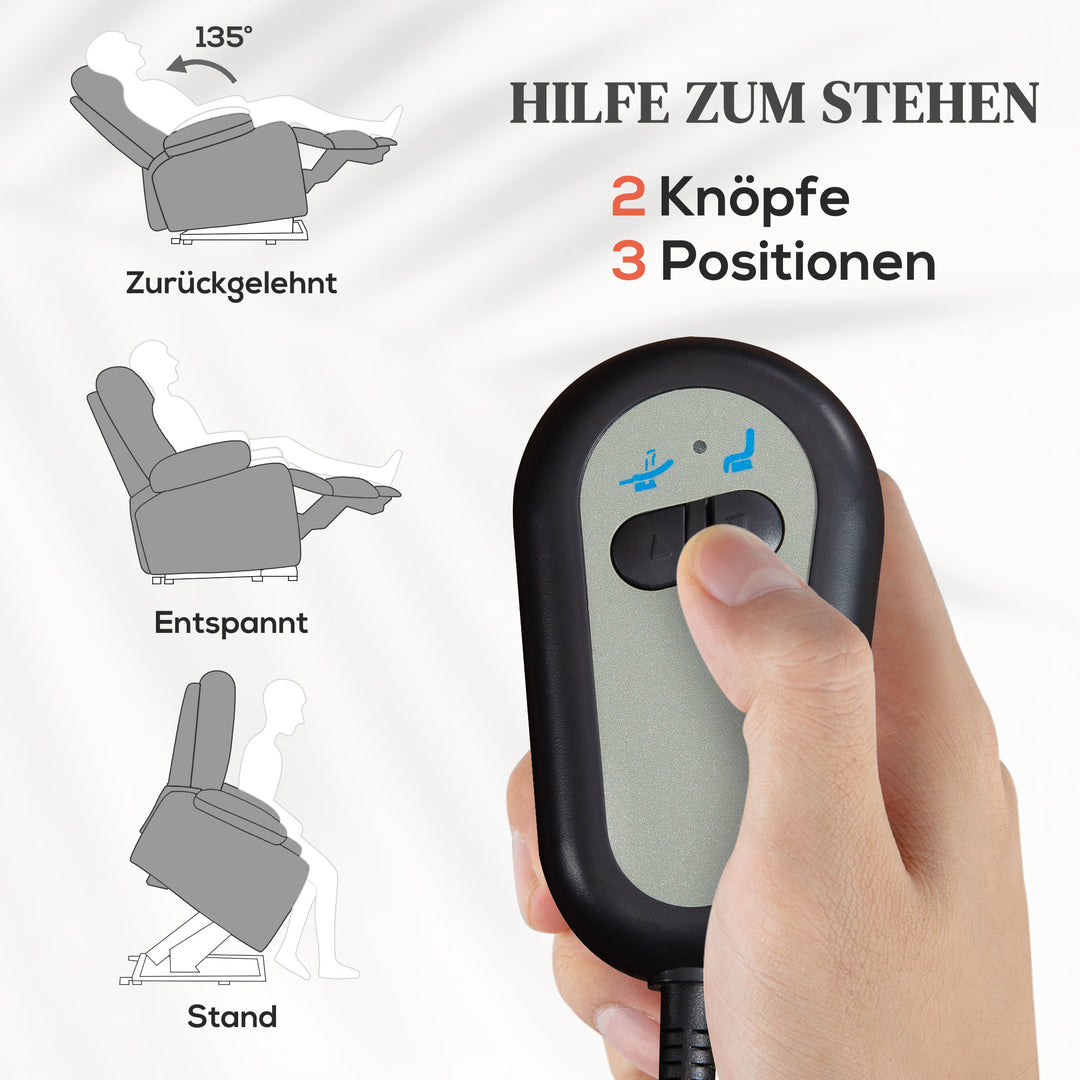 Elektrisk lænestol med stand-up hjælp, massagestol med varmefunktioner, 2 fjernbetjeninger, blødt skum