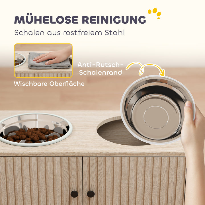 Hundefoderstation med 2 skåle i rustfrit stål, redskabsskab, til store hunde, tilbehør, træ
