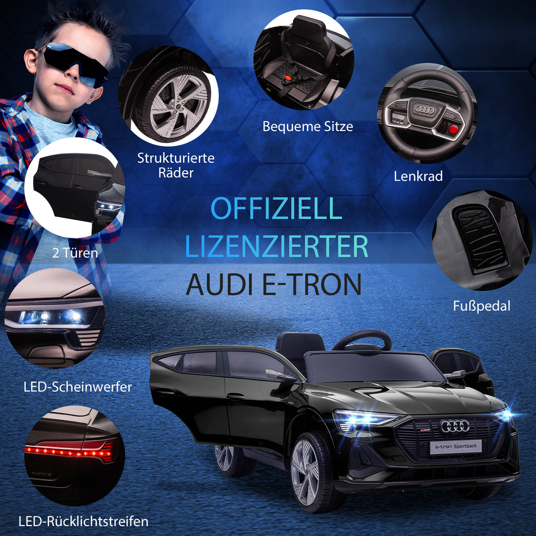 Elektrisk børnebil 12V elbil Audi E-tron elbil med fjernbetjening, sikkerhedssele, musik (MP3/USB/TF), børnebil til børn 3-5 år, 3-5 km/t, sort