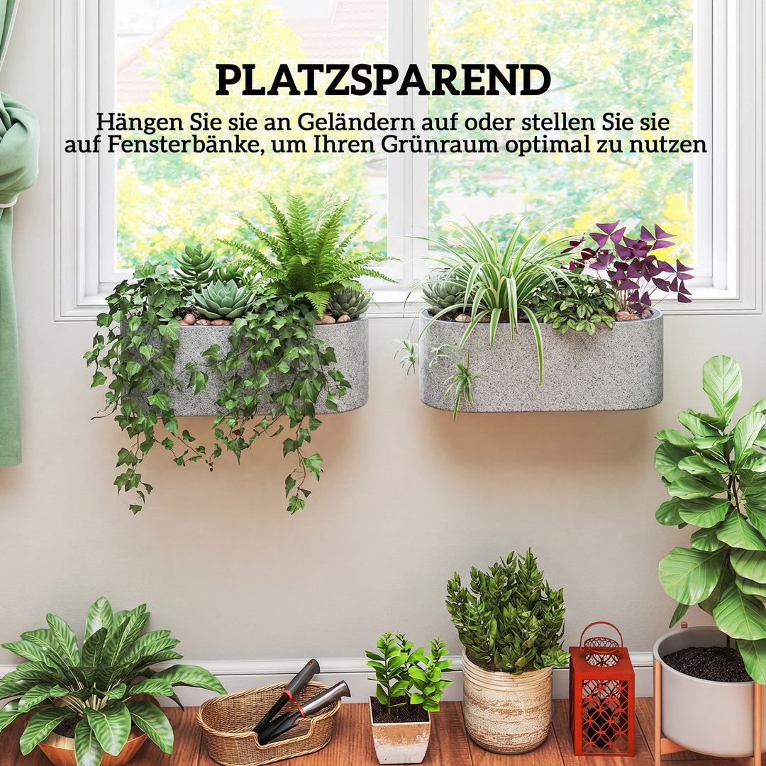 Sæt med 2 hængende blomsterpotter/plantekasser med drænhul og krog, 42 x 16 x 15 cm, lysegrå