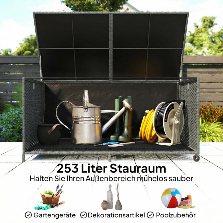 Rattan opbevaringskasse 650L, vejrbestandig, UV-bestandig, hyndekasse med låg, hjul, opbevaringsplads 150 x 75 x 74 cm, mørkegrå
