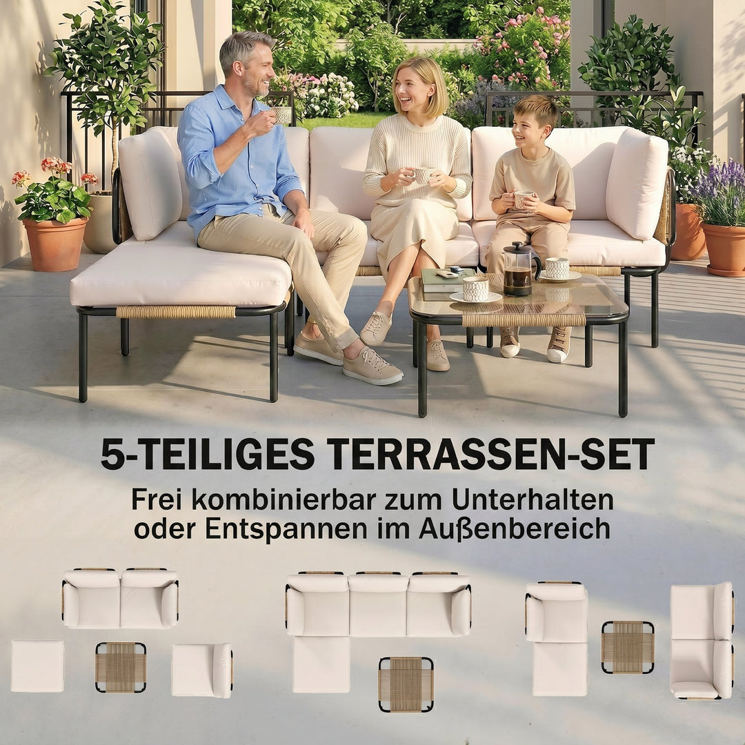 Polyrattan havemøbelsæt, 5 dele, med 2 hjørnestole, 2 skamler og bord. Bredt og dybt sæde, aftagelige hynder, khaki.