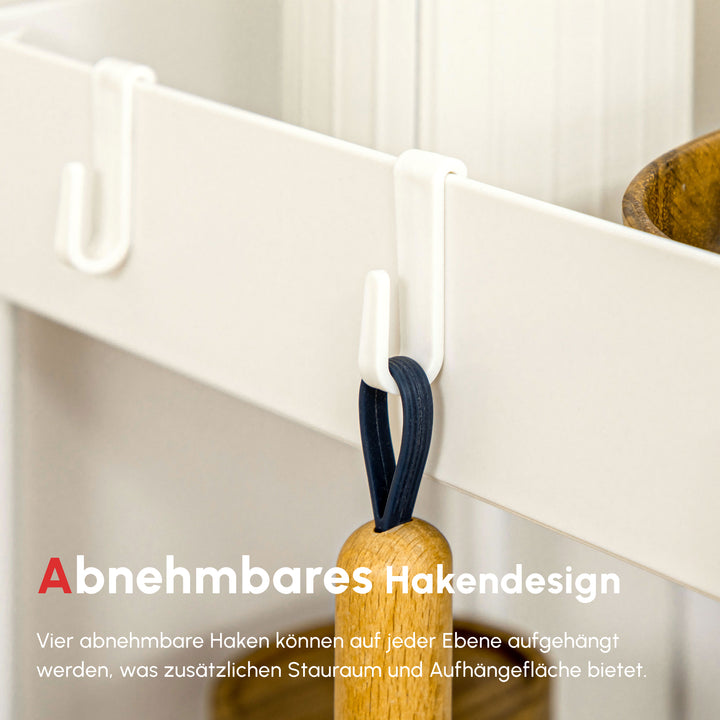 Køkkenvogn med 4 hylder, 4 fleksible kroge, 4 hjul, 40 cm x 19 cm x 90 cm, nichevogn, hvid