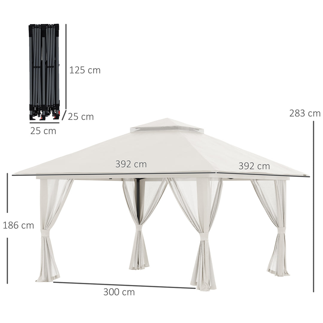 Foldbar pavillon, højdejusterbar, 4 netvægge, ventileret tag, bæretaske, hurtig montering, 4 x 4 x 3 m, cremehvid